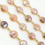 Load image into Gallery viewer, Coated Peach Moonstone Round Shape Bezel Gold Plated Wire Chain.