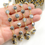Load image into Gallery viewer, Coated Grey Moonstone Round Shape Bezel Gold Plated Wire Chain.