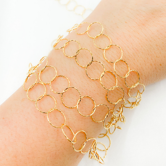 Gold Plated 925 Sterling Silver Hammered Round Link Chain. Y96GP