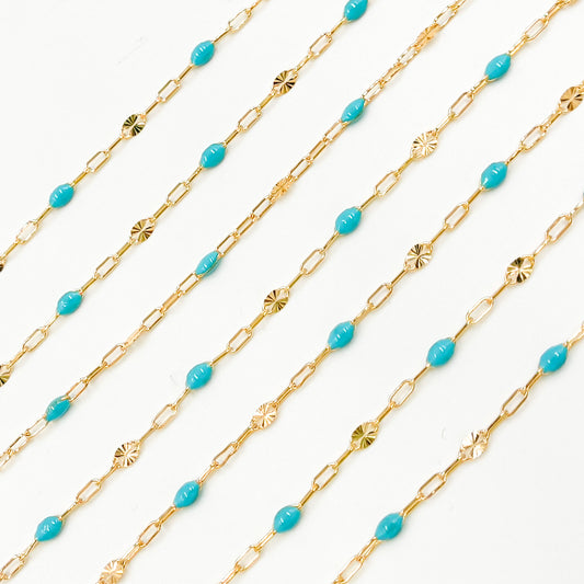 V295TURGF. 14K Gold Filled Turquoise Color Enamel with Paperclip and Diamond Cut Marina Links
