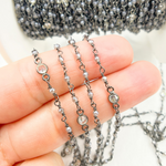 Load image into Gallery viewer, Coated Gray Moonstone & Round CZ Wire Wrap Chain made with Black Rhodium 925 Sterling Silver.