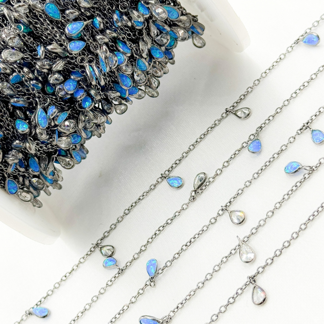 Created Blue Opal & CZ Tear Drop Shape Dangle Chain.