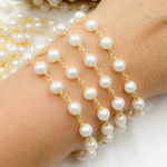 Load image into Gallery viewer, Round White Freshwater Pearl Gold Plated Wire Wrap Chain. PRL21
