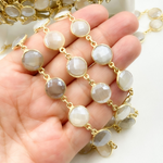 Load image into Gallery viewer, Coated White Moonstone Round Shape Bezel Gold Plated Silver Wire Chain.