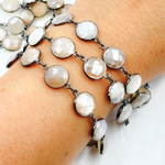 Load image into Gallery viewer, Coated White Moonstone Round Shape Bezel Oxidized Wire Chain.