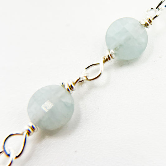 Shaded Milky Aquamarine Coin Shape Sterling Silver Wire Chain