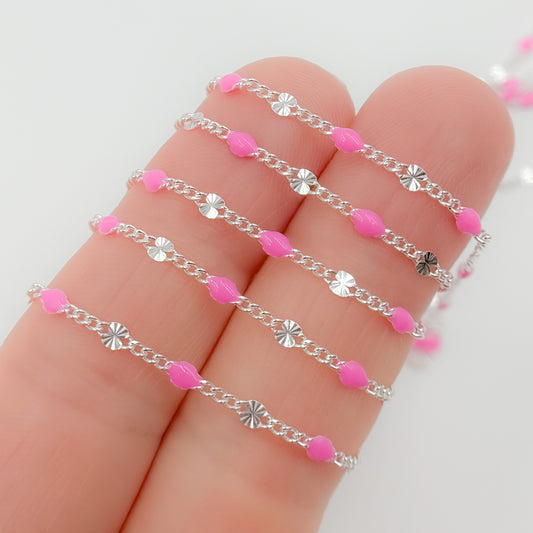 Sterling Silver Pink Color Enamel Marina Link Chain