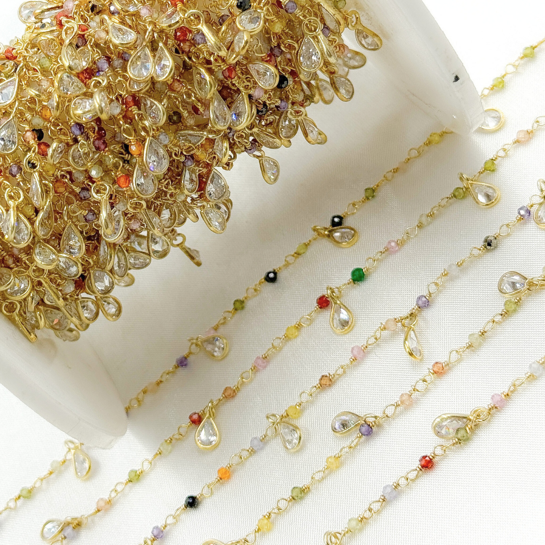 Multi Color Cubic Zirconia & CZ Dangle Gold Plated Wire Chain.