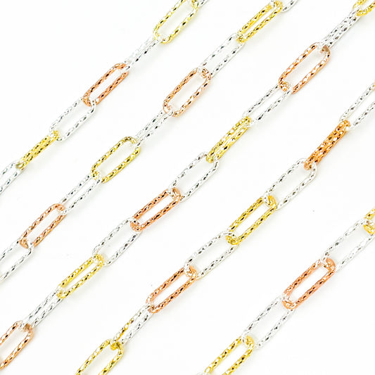 Sterling White Silver Gold and Rose Plated Diamond Cut Paperclip Chain