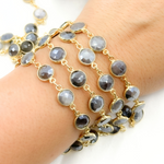 Load image into Gallery viewer, Coated Grey Moonstone Round Shape Bezel Gold Plated Wire Chain.