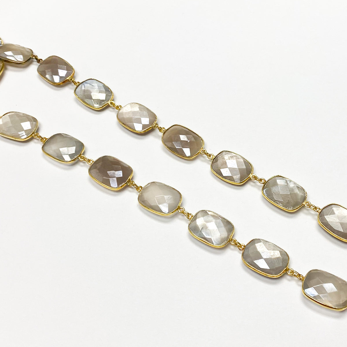 Coated Grey Moonstone Rectangular Shape Bezel Gold Plated Silver Wire Chain
