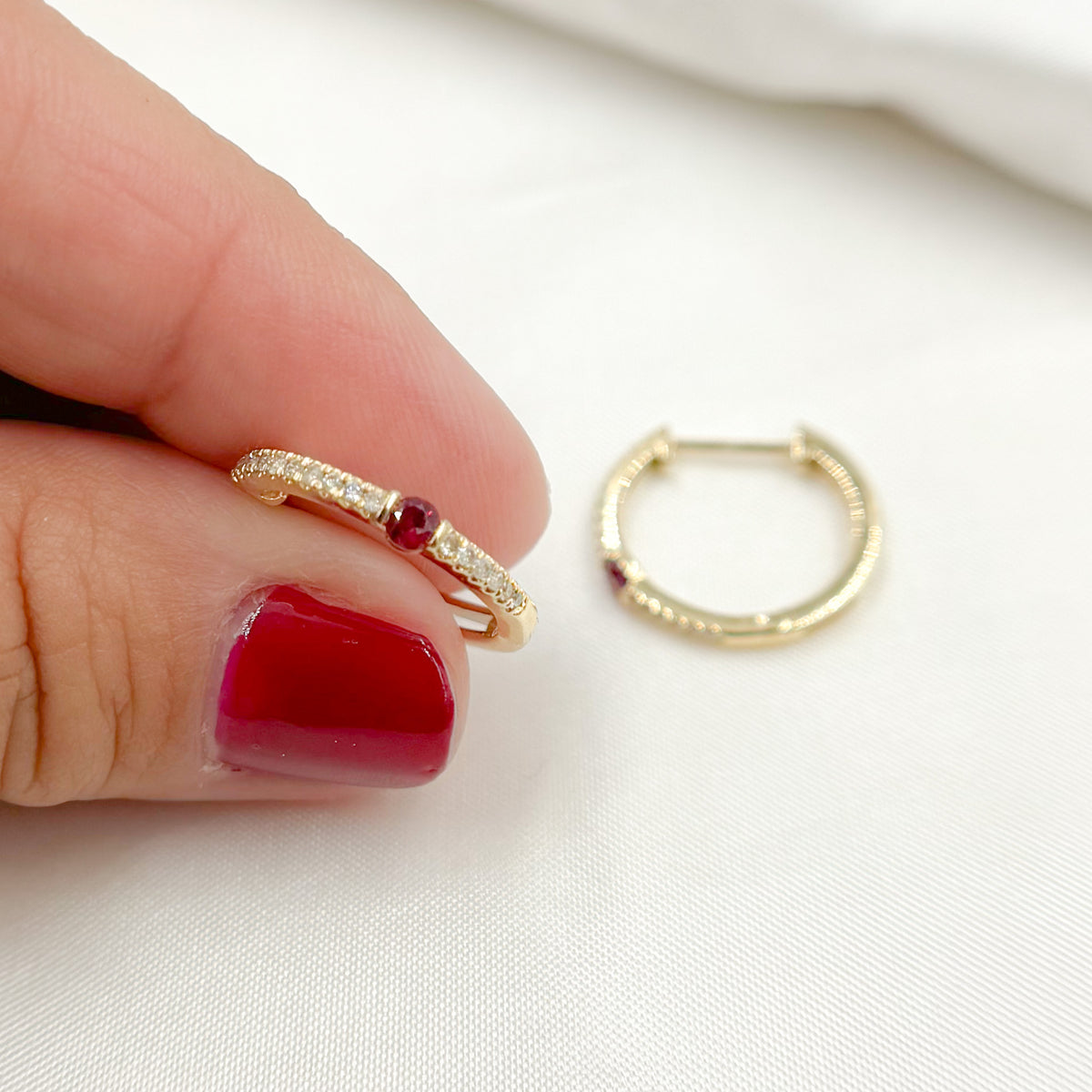 14K Solid Gold Diamond & Blue Sapphire Hoop Earrings