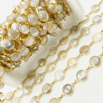Load image into Gallery viewer, Coated White Moonstone Round Shape Bezel Gold Plated Silver Wire Chain.