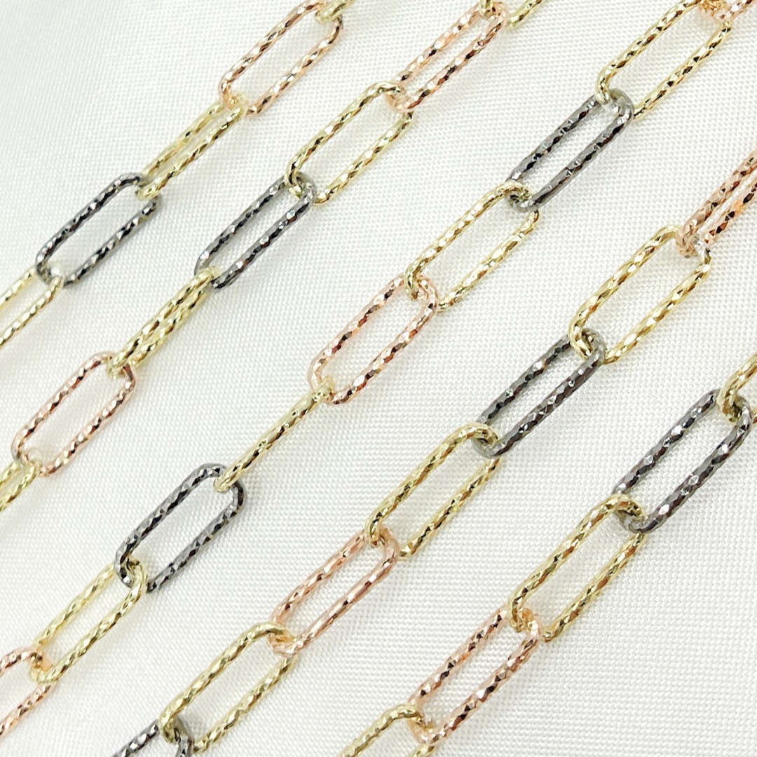 925 Sterling Silver Tri-color Diamond Cut Paperclip Chain