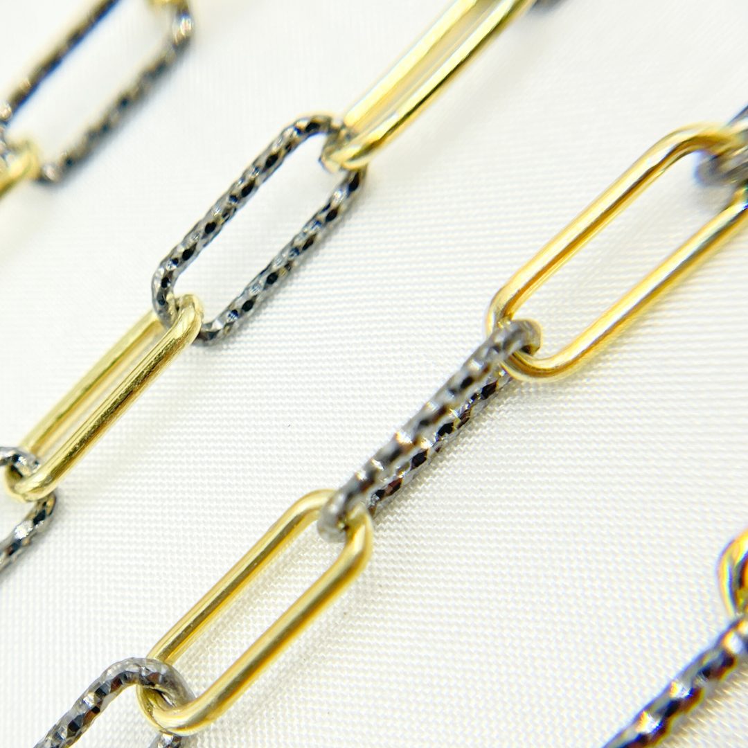 Gold Plated & Black Rhodium 925 Sterling Silver Smooth & Diamond Cut Paperclip Chain
