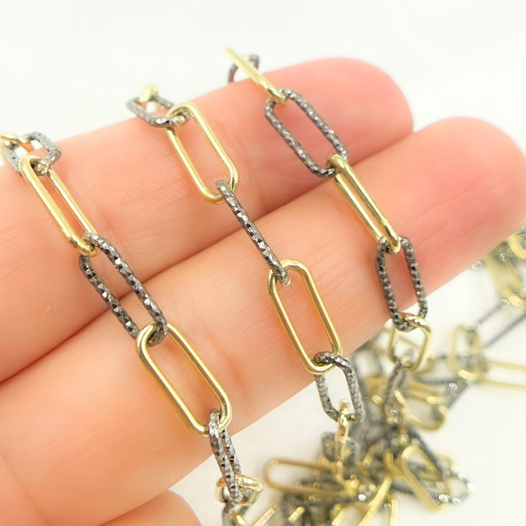 Black Rhodium & Gold Plated 925 Sterling Silver Smooth & Diamond Cut Paperclip Chain