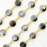 Load image into Gallery viewer, Coated Grey Moonstone Round Shape Bezel Gold Plated Wire Chain.