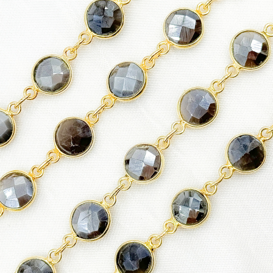 Coated Grey Moonstone Round Shape Bezel Gold Plated Wire Chain.