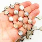 Load image into Gallery viewer, Coated White Moonstone Round Shape Bezel Oxidized Wire Chain.