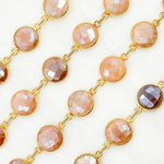 Load image into Gallery viewer, Coated Peach Moonstone Round Shape Bezel Gold Plated Wire Chain.