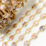 Load image into Gallery viewer, Coated Peach Moonstone Round Shape Bezel Gold Plated Wire Chain.
