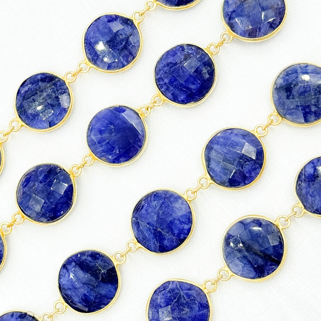 Dyed Sapphire Round Shape Bezel Gold Plated Wire Chain.