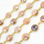 Load image into Gallery viewer, Coated Peach Moonstone Round Shape Bezel Gold Plated Wire Chain.