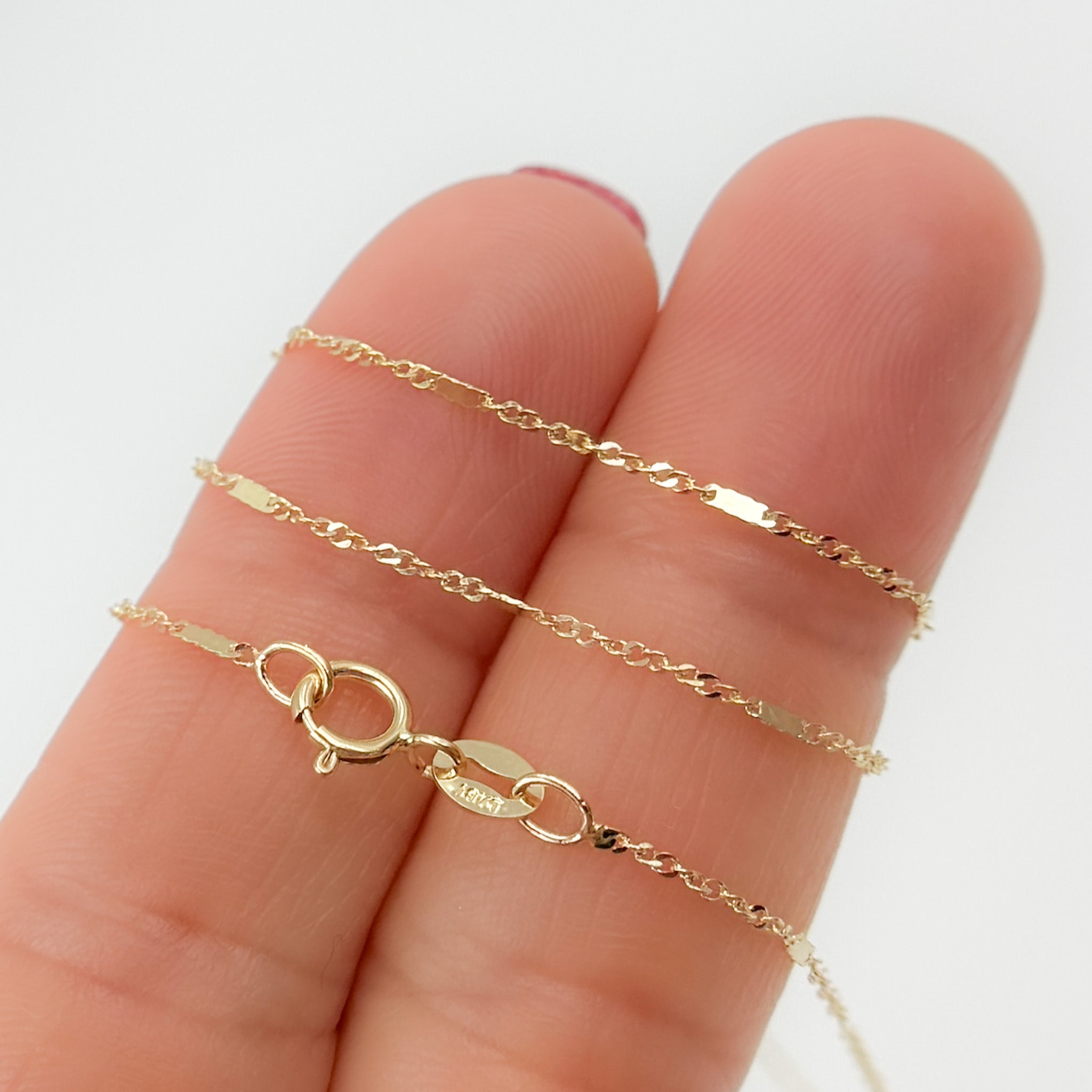 18K Yellow Solid Gold Flat Bar and Singapore Link Necklace