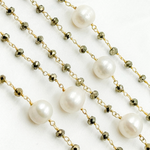 Load image into Gallery viewer, Pyrite & Pearl Gold Plated 925 Sterling Silver Wire Chain.