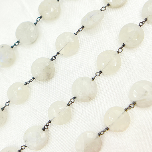 White Moonstone Coin Shape Oxidized Wire Chain.