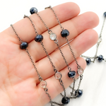 Load image into Gallery viewer, Coated Black Spinel Rondel Shape & White Topaz Oxidized Connected Wire Chain