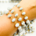 Load image into Gallery viewer, Coated Milky Aquamarine Faceted Rondel Gold Plated Wire Chain.