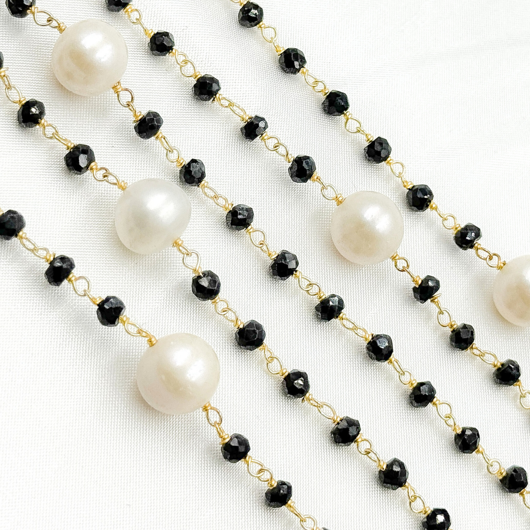 Black Spinel & Pearl Gold Plated 925 Sterling Silver Wire Chain.