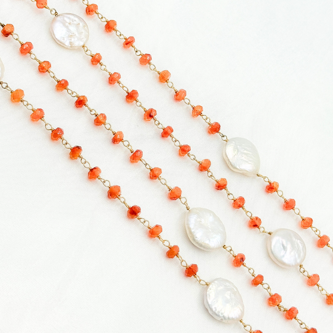 Carnelian & Pearl Round Shape Bezel Gold Plated Wire Chain.
