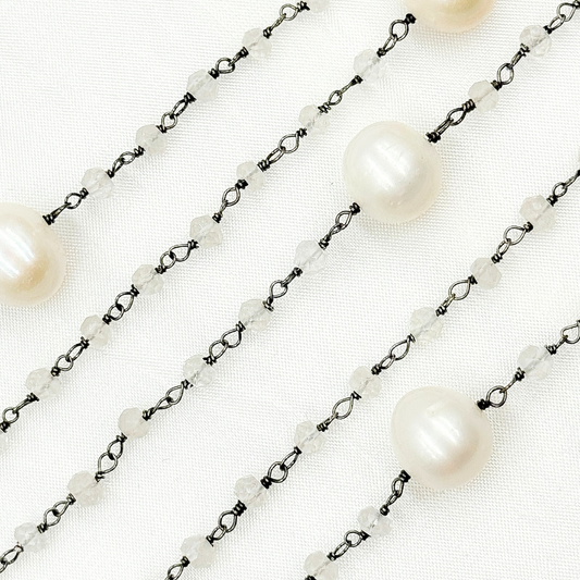 Crystal & Pearl Oxidized 925 Sterling Silver Wire Chain.
