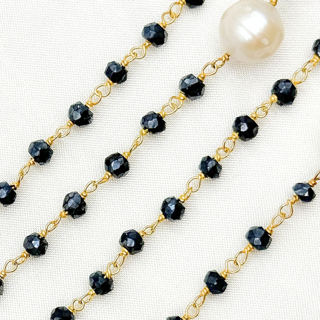 Coated Black Spinel & Pearl Gold Plated Wire Chain.