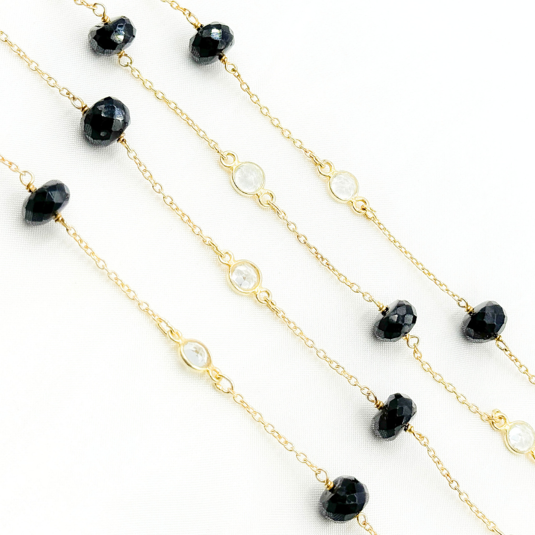 Black Spinel Rondel Shape & White Topaz Gold Plated Connected Wire Chain.