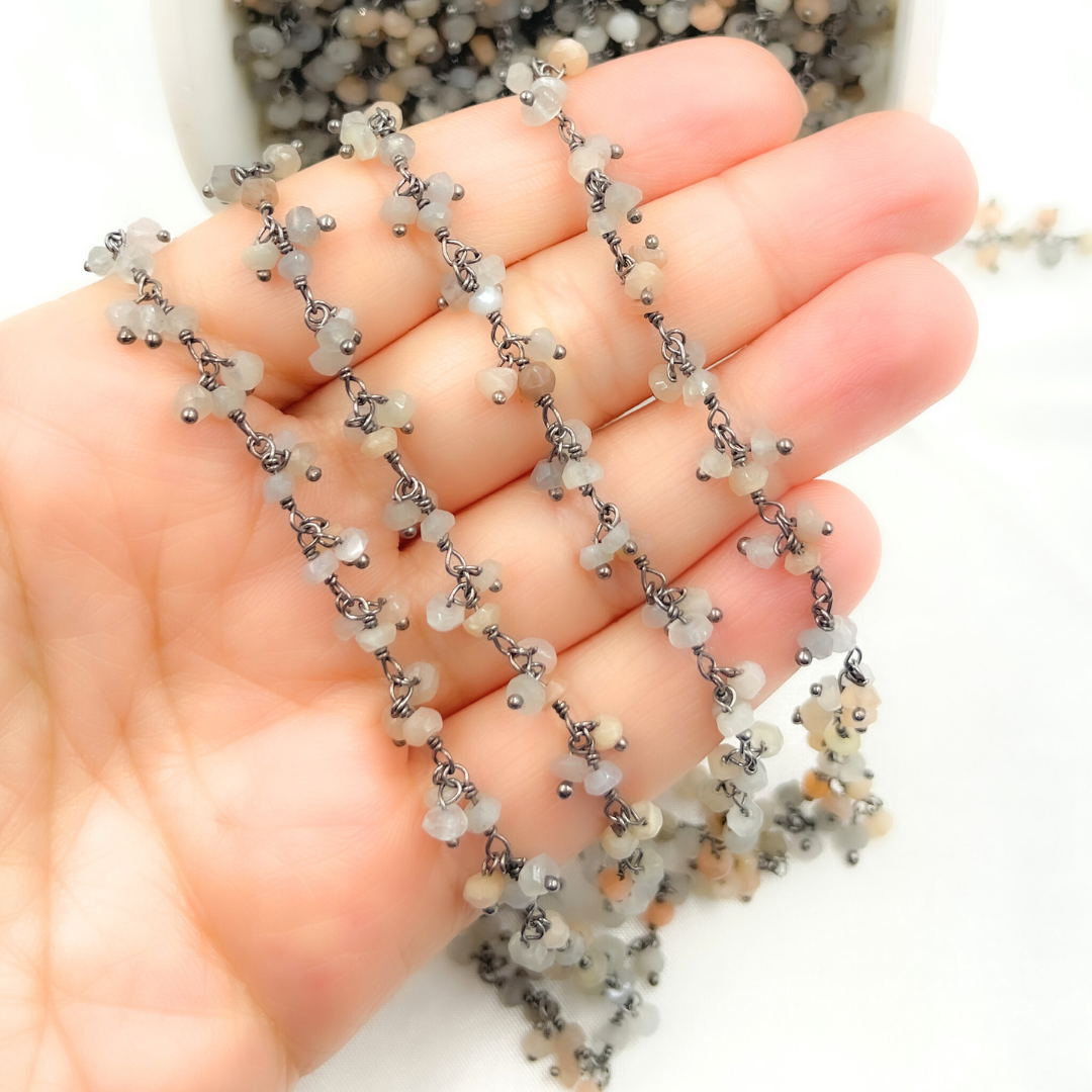 Multi Moonstone Cluster Dangle Oxidized Wire Chain.