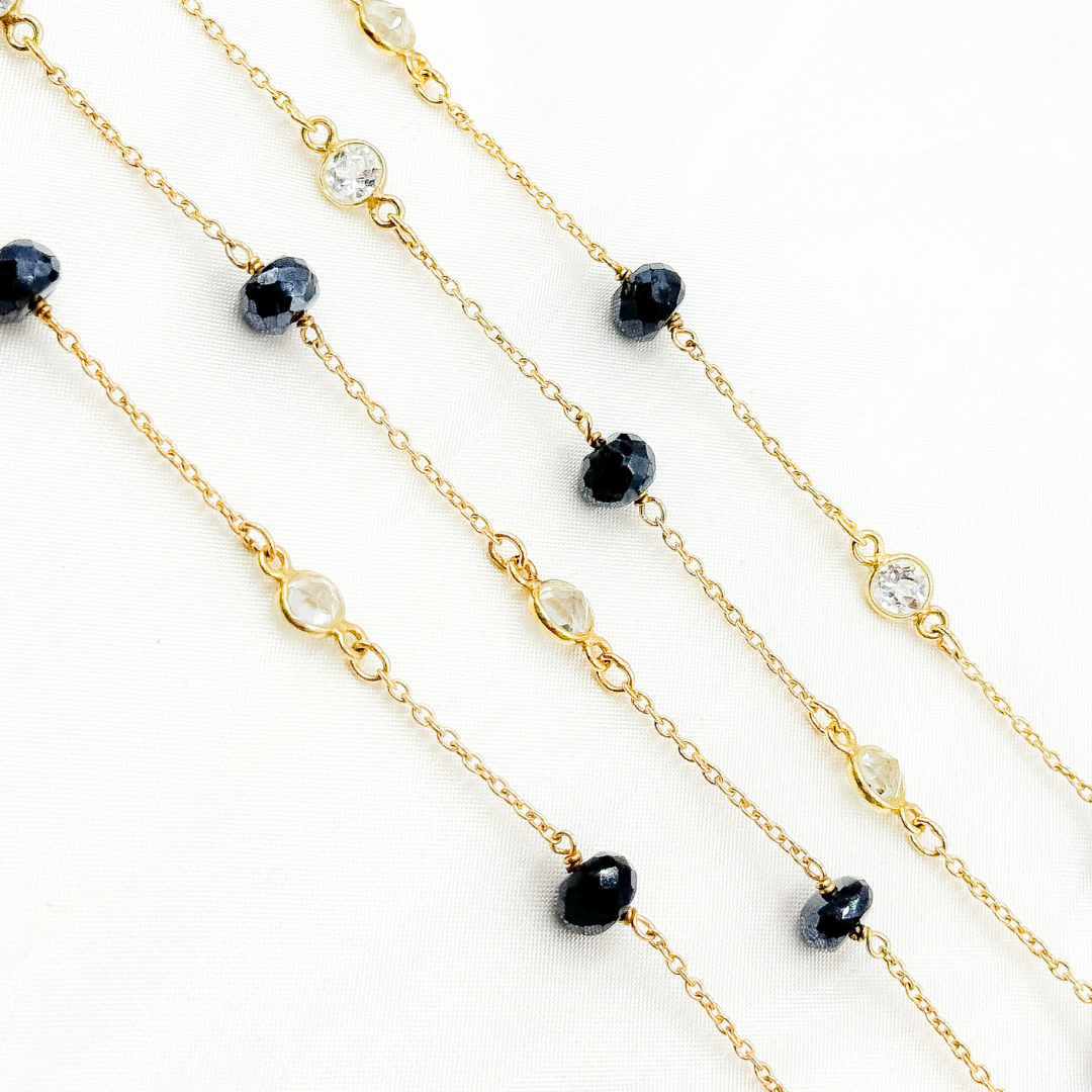 Coated Black Spinel Rondel Shape & White Topaz Gold Plated Connected Wire Chain.