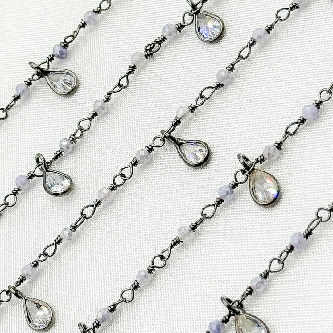 Coated Blue Quartz & CZ Dangle Oxidized Wire Chain.