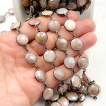 Load image into Gallery viewer, Coated Peach Moonstone Round Shape Bezel Oxidized Wire Chain