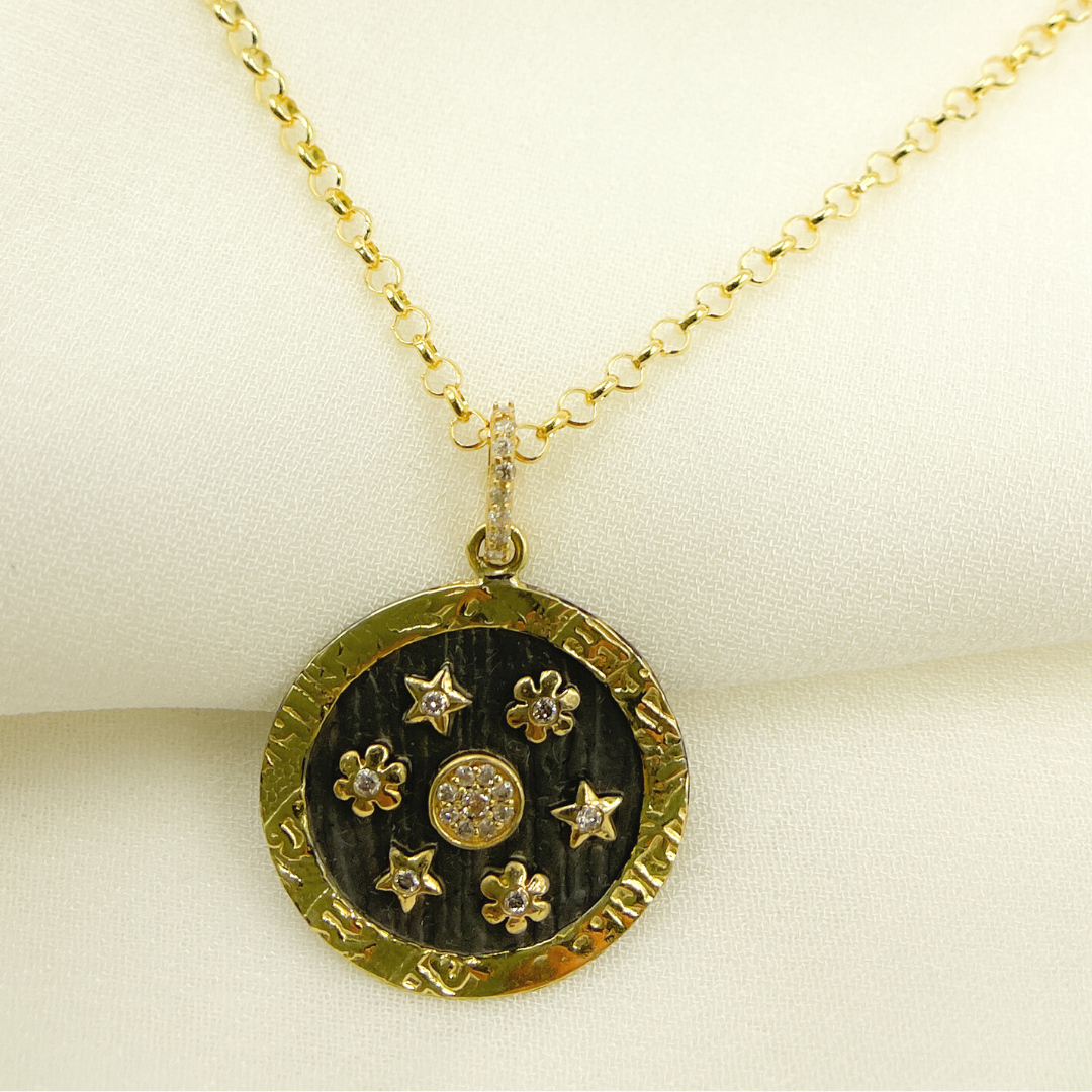 925 Sterling Silver Black Rhodium with Diamonds Circle Shape Charm with Flowers and Stars in the Center.