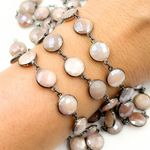 Load image into Gallery viewer, Coated Peach Moonstone Round Shape Bezel Oxidized Wire Chain