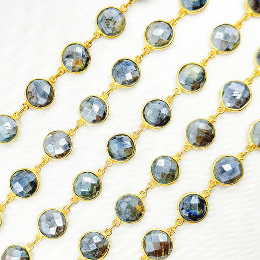 Coated Labradorite Round Shape Bezel Gold Plated Wire Chain.