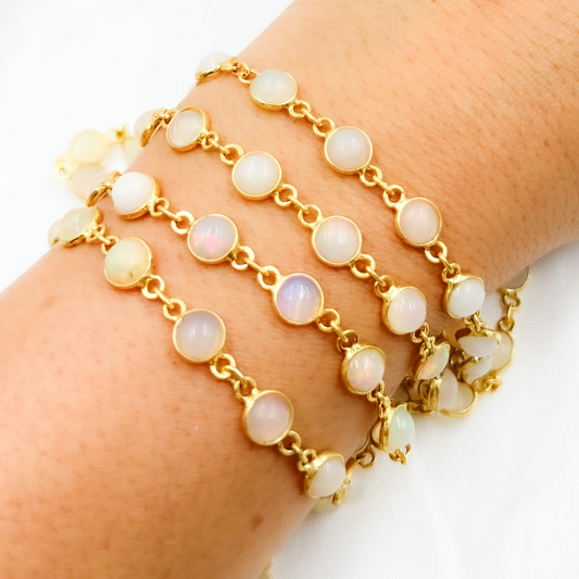 Ethiopian Opal Round Shape Bezel Gold Plated Wire Chain