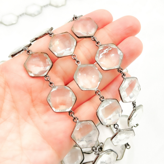 Crystal Hexagon Shape Bezel Oxidized Wire Chain.
