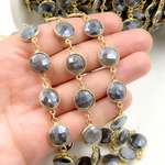 Load image into Gallery viewer, Coated Grey Moonstone Round Shape Bezel Gold Plated Wire Chain.