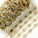Load image into Gallery viewer, Coated Light Grey Moonstone Round Shape Bezel Gold Plated Wire Chain.