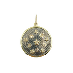 Load image into Gallery viewer, 925 Sterling Silver Black Rhodium with Diamonds Circle Shape Charm with Circles and Stars in the Center.