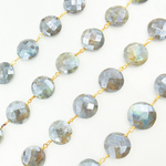 Load image into Gallery viewer, Coated Labradorite Coin Shape Gold Plated Wire Chain. CLB36